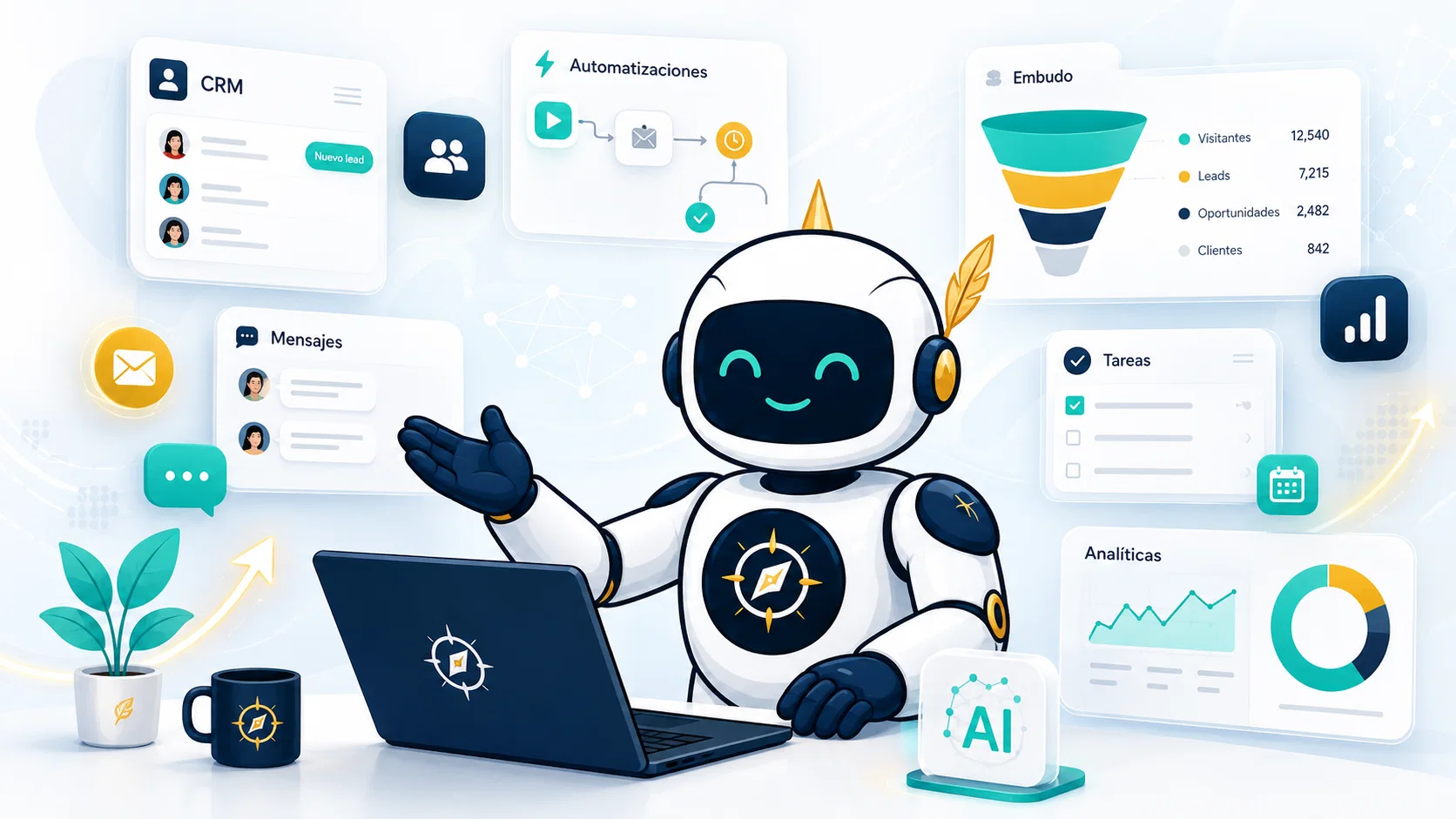 Vista de CRM, automatizaciones, conversaciones, tareas y analítica de Compás One